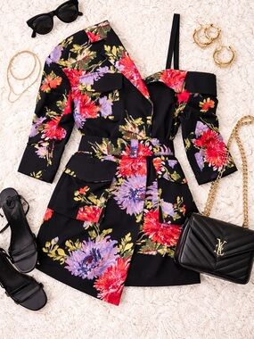 Cinq à Sept Katie Floral Asymmetric Crepe Jacket Blazer NWT 8 Luxe Belted